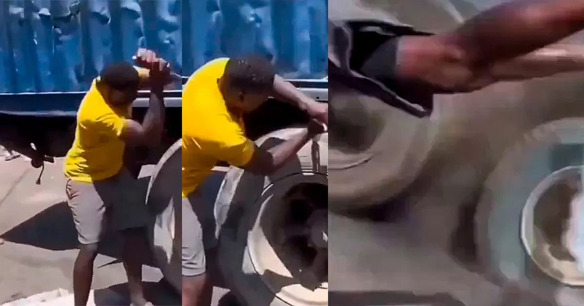 Homem fura pneu de caminhão com faca de cozinha e leva 120psi de força na cara